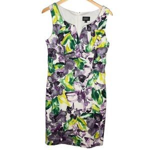 Adrianna Papell cocktail dress green Purple floral sleeveless Sheath size 14